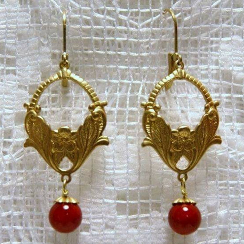 Handmade Red Jade & Brass Floral Dangle Earrings